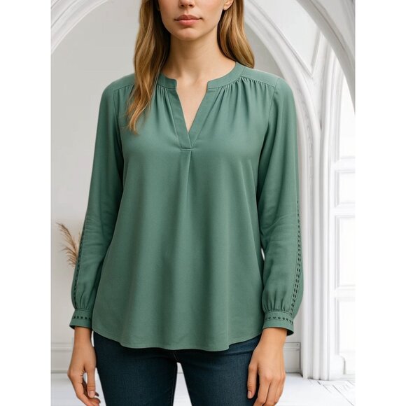 Ann Taylor Womens Size S Green Blouse Circle Trim Accents Long Sleeve Comfy - Picture 1 of 8